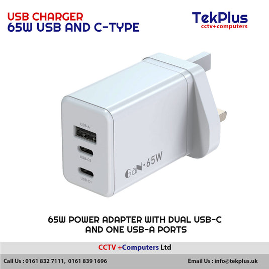 65W Power Adapter With Dual USB-C & One USB-A Ports
