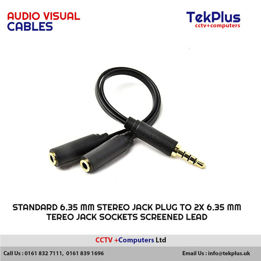 Standard 6.35 mm Stereo Jack Plug to 2x 6.35 mm Stereo Jack Sockets Screened Lead