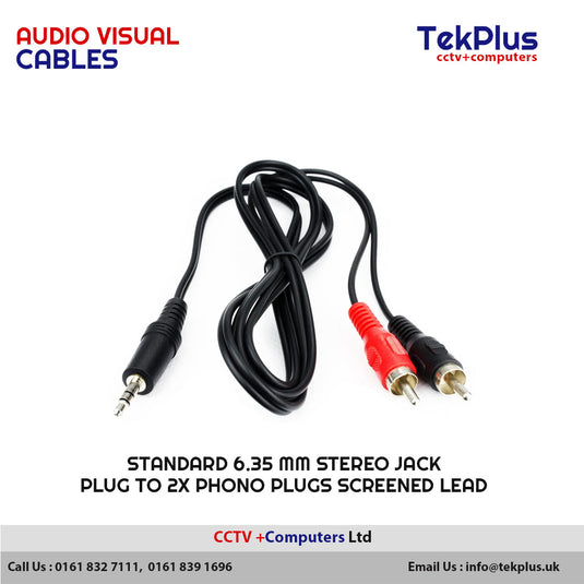 Standard 6.35 mm Stereo Jack Plug to 2x Phono Plugs Screened Lead