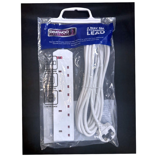 5 Meter Long Extension Lead 4 Way  Cable Electric 4 Gang UK Plug Socket Power