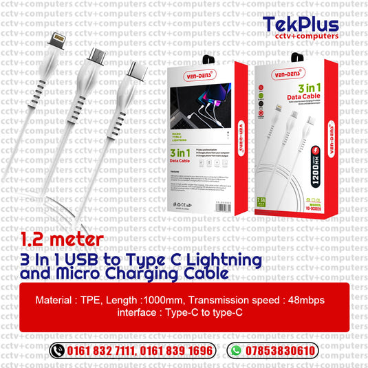 3 In 1 USB to Type C Lightning and Micro Charging Cable 1.2M