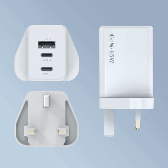 65W Power Adapter With Dual USB-C & One USB-A Ports