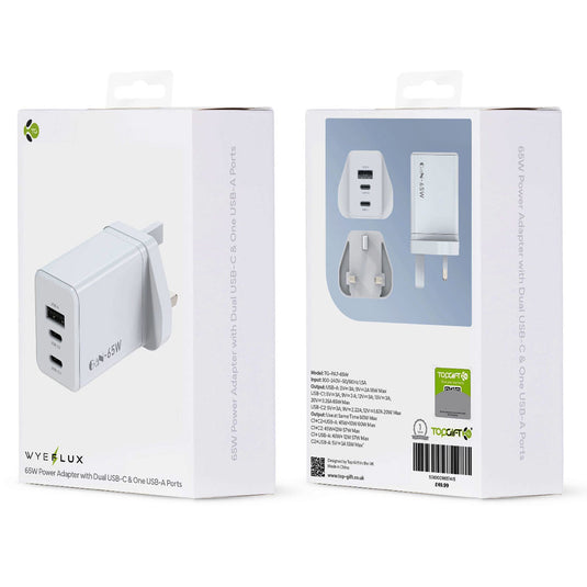 65W Power Adapter With Dual USB-C & One USB-A Ports