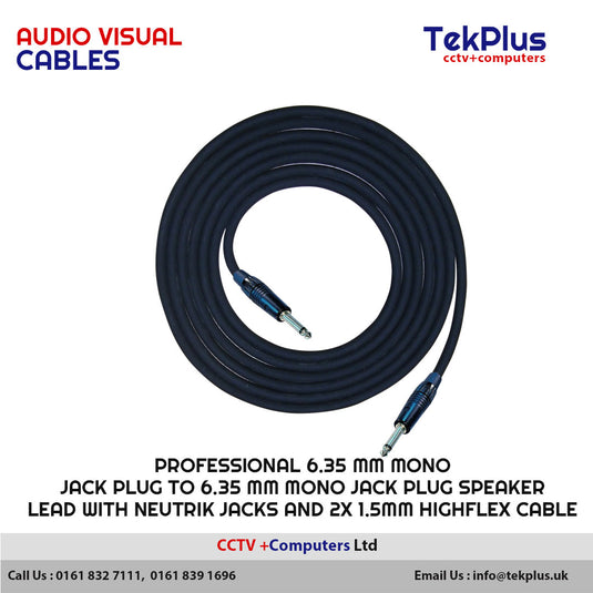Professional 6.35 mm Mono Jack Plug to 6.35 mm Mono Jack Plug Speaker Lead With Neutrik Jacks and 2x 1.5mm Highflex Cable