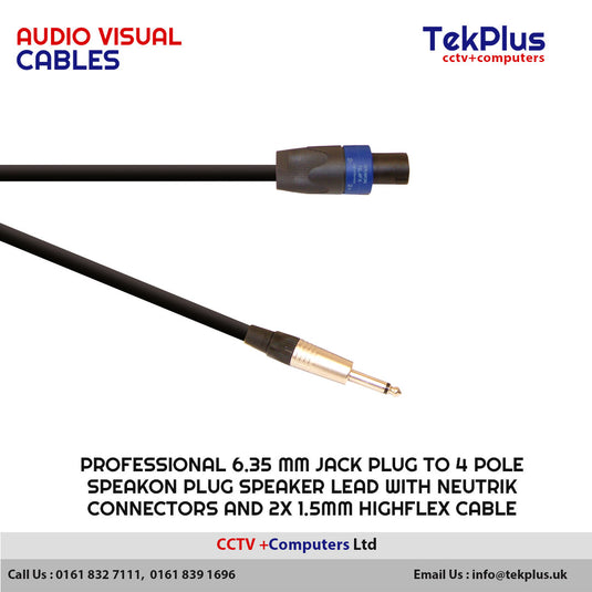 Professional 6.35 mm Jack Plug to 4 Pole Speakon Plug Speaker Lead With Neutrik Connectors and 2x 1.5mm Highflex Cable