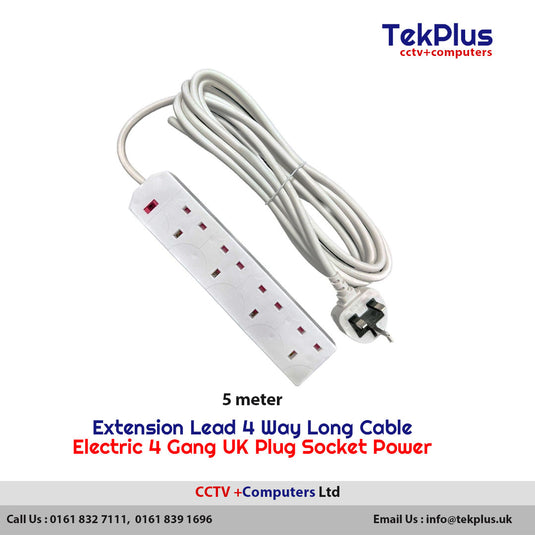 5 Meter Long Extension Lead 4 Way  Cable Electric 4 Gang UK Plug Socket Power